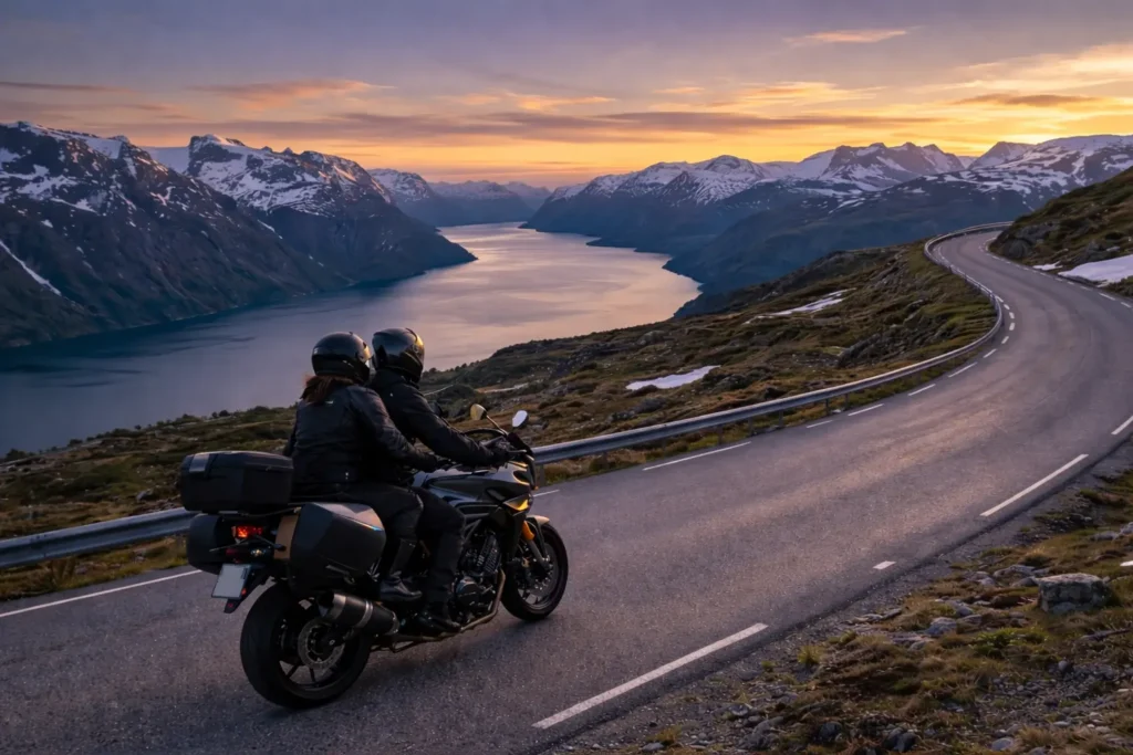 A couple on a dark touring motorcycle with hard luggage, Two-Up Sport Touring along a winding scenic road in the mountains next to a fjord at sunset, Norway.