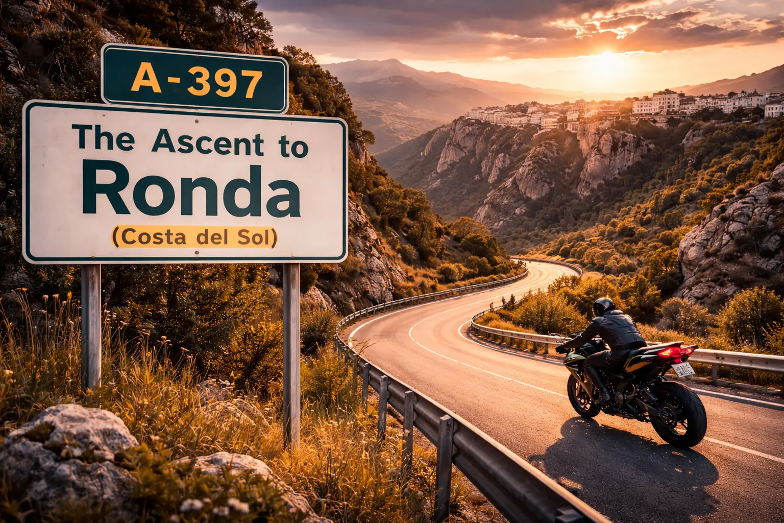 Ascent to Ronda on the A-397 - Motorcycle rider in sweeping corner overlooking the Mediterranean