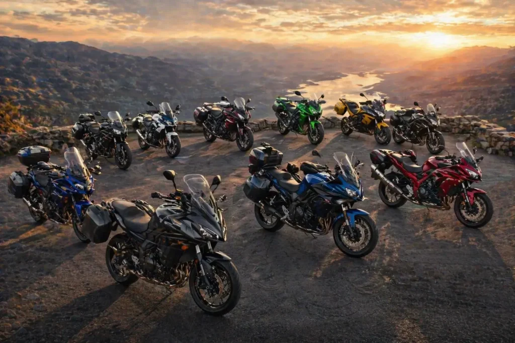 Yamaha Tracer 9 GT+ sport touring motorcycle with integrated panniers parked on a winding mountain pass at sunset - Best Sport Touring Motorcycles 2026 guide
