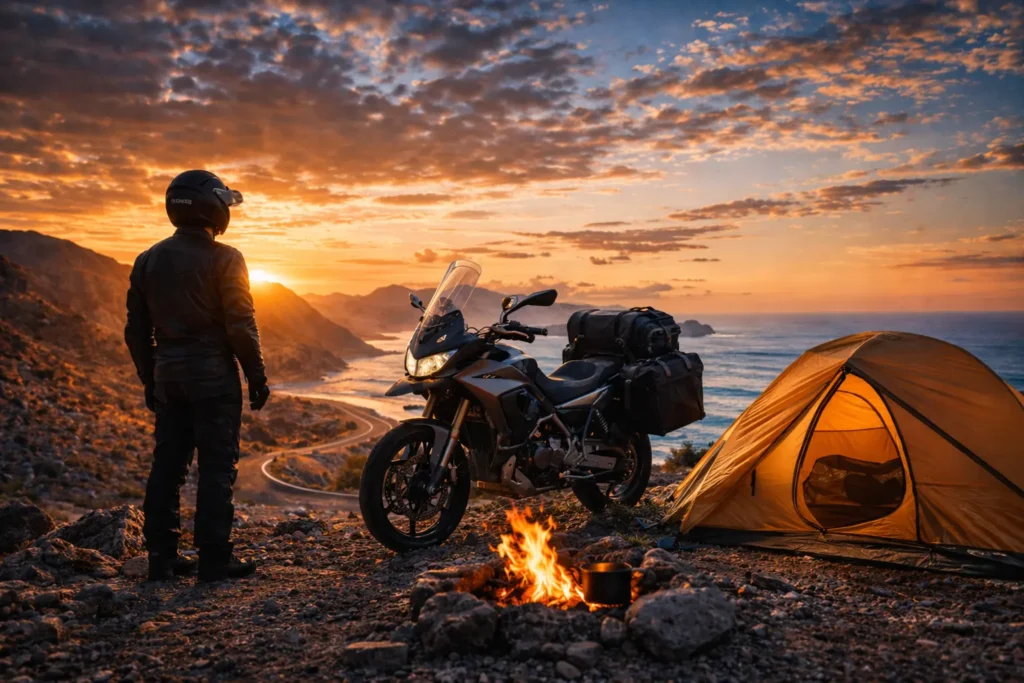 A motorcyclist standing next to an adventure bike and a glowing tent in an epic mountain landscape during sunset - Miles & Lean Moto-Camping Guide.