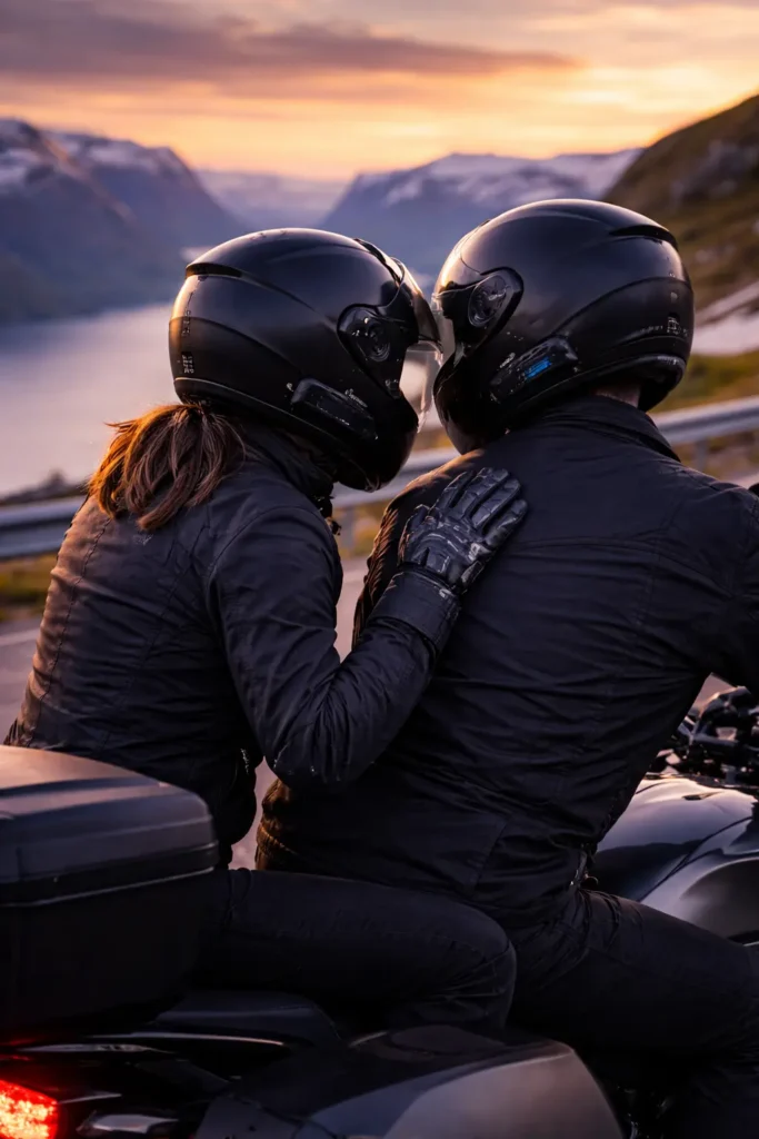 A rider standing next to a dark sport touring motorcycle with a high top box, looking at the view while the passenger is about to mount using the peg.