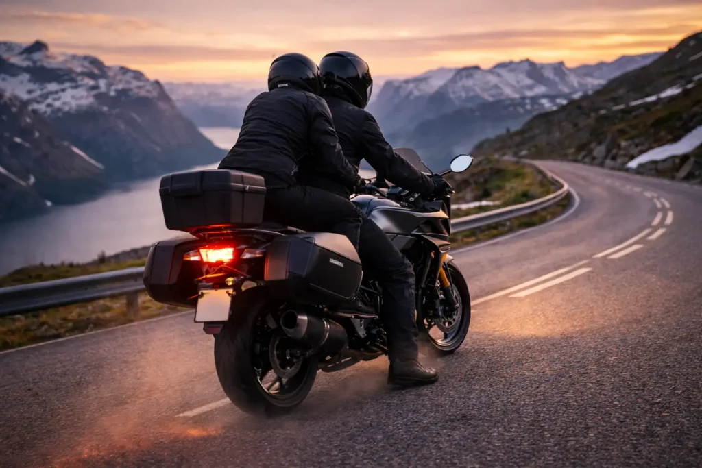 A rider standing next to a dark sport touring motorcycle with a high top box, looking at the view while the passenger is about to mount using the peg.
