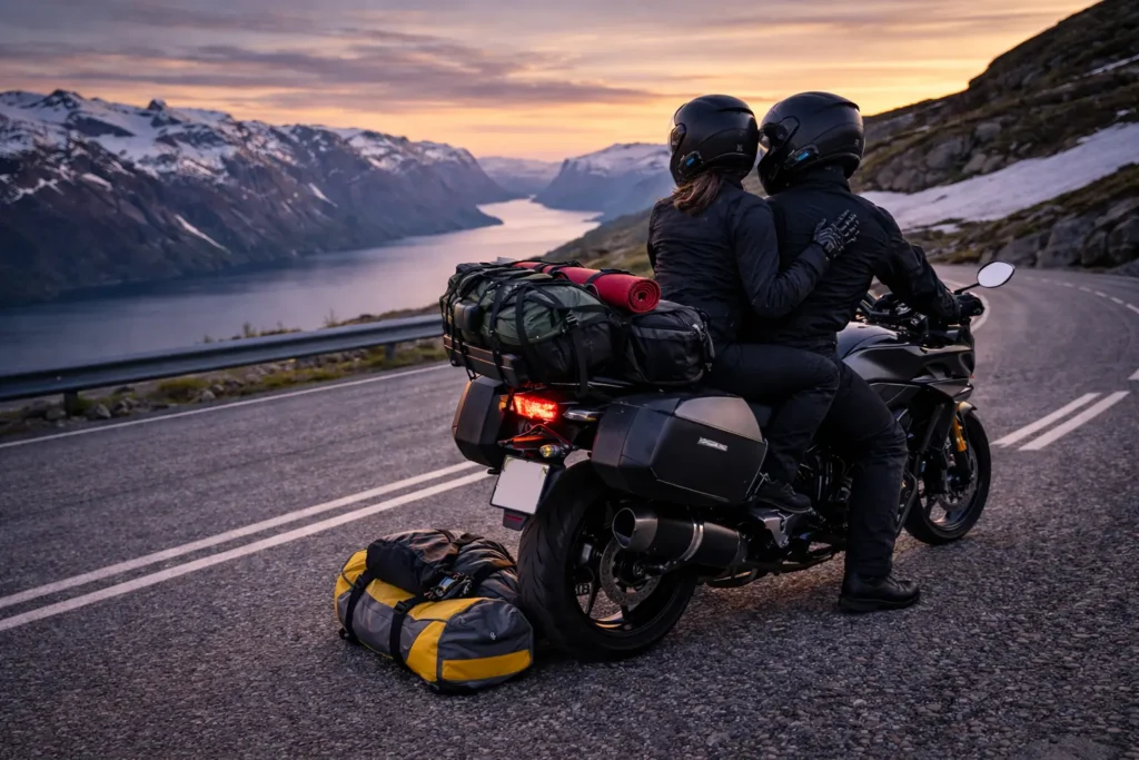A fully loaded sport touring motorcycle with side panniers and a large dry bag strapped to the rear, with a couple sitting on the bike at a scenic viewpoint.