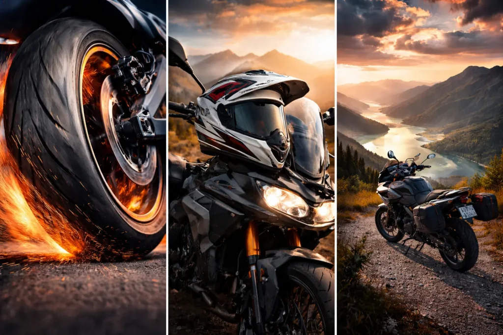Three stages of motorcycle travel: high speed performance, endurance riding, and destination discovery.
