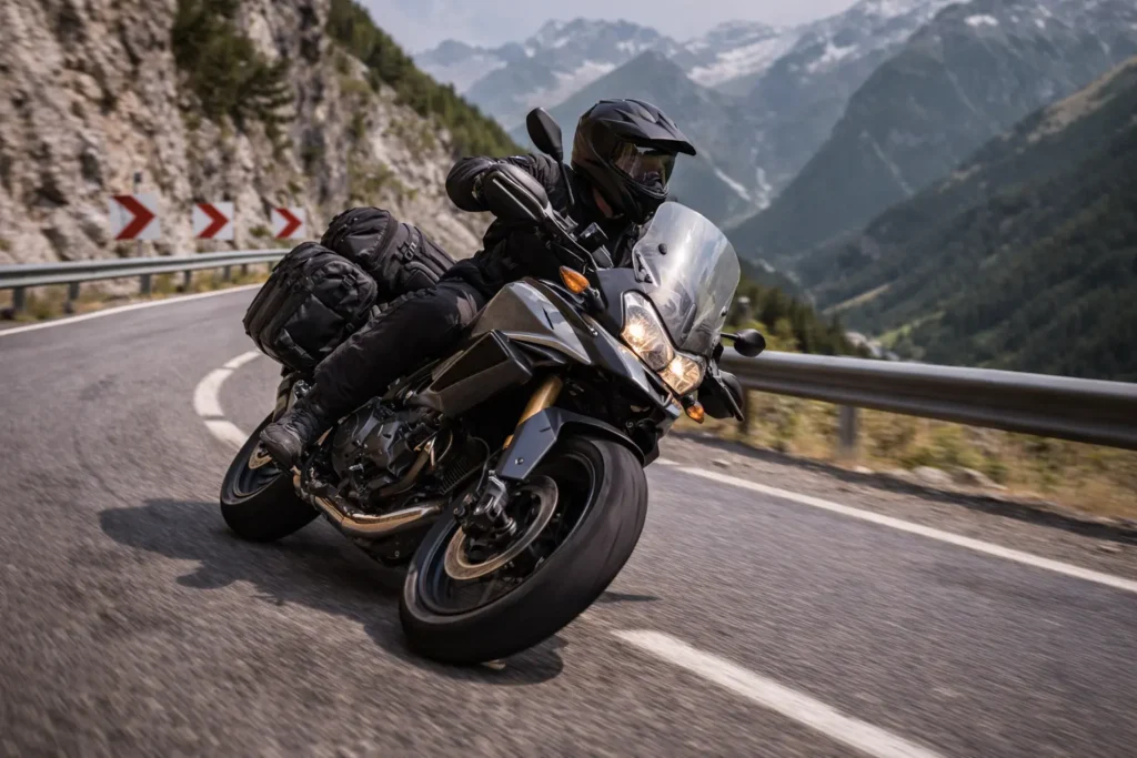 A motorcyclist in black riding gear leaning an adventure motorcycle into a sharp curve on a mountain pass with snowy peaks in the background.