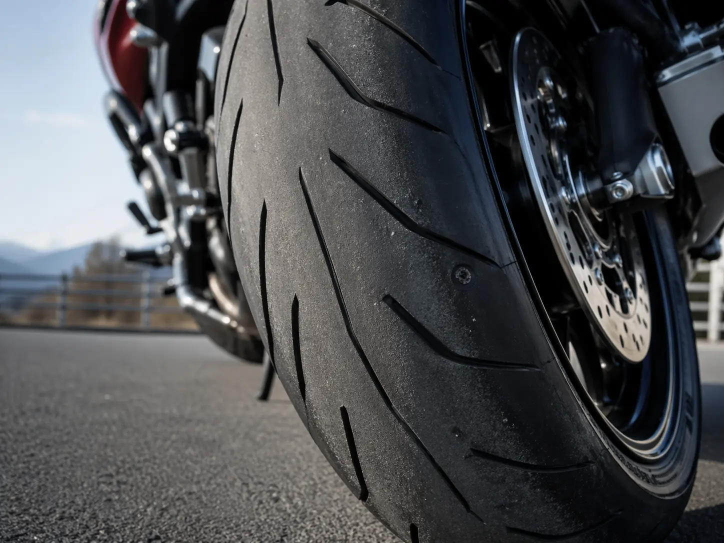 Motorcycle tire pressure contact patch close-up showing tread profile