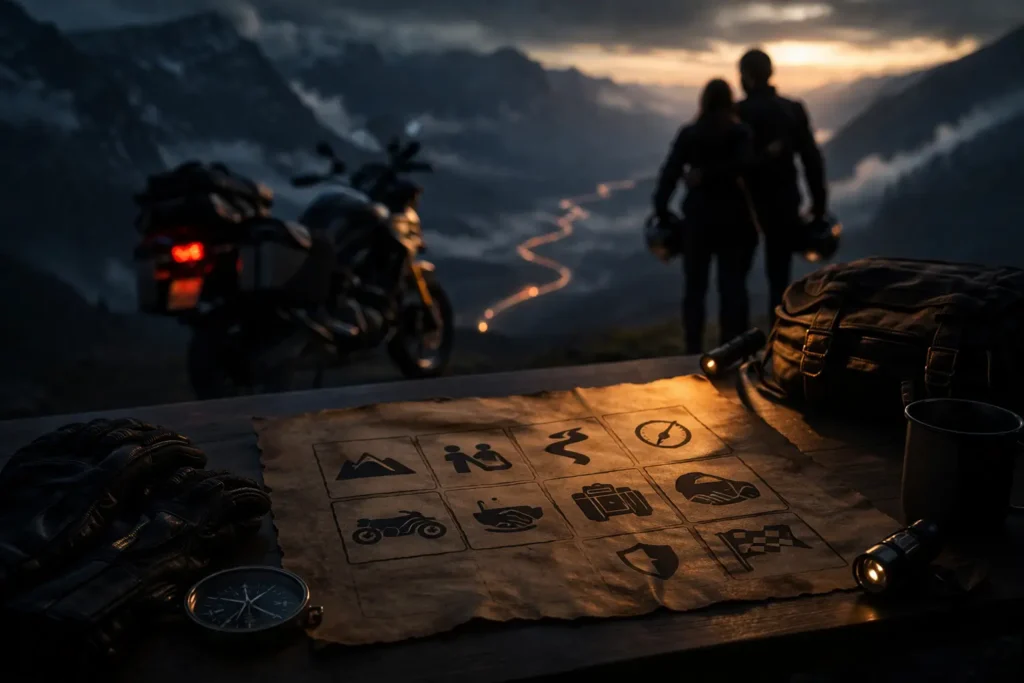 A vintage-style map with motorcycle touring icons on a wooden table, with a couple and their touring bike overlooking a winding mountain road at dusk in the background.