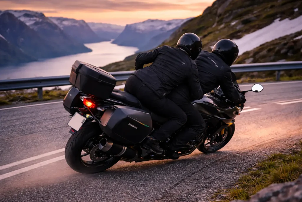A couple on a sport touring motorcycle leaning into a corner on a scenic mountain road, demonstrating proper two-up cornering technique and passenger alignment.