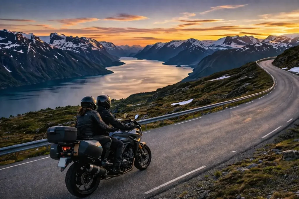 A couple enjoying two-up sport touring on a scenic road