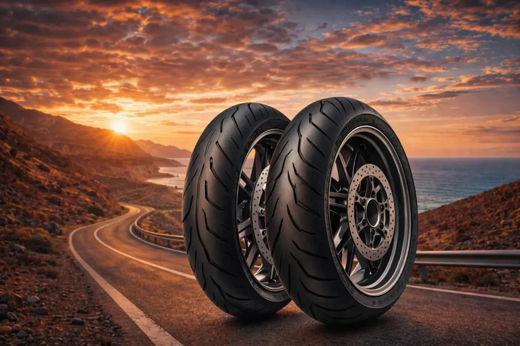 Two high-performance sport-touring motorcycle tires on a winding coastal road at sunset - The Best Tires of 2026