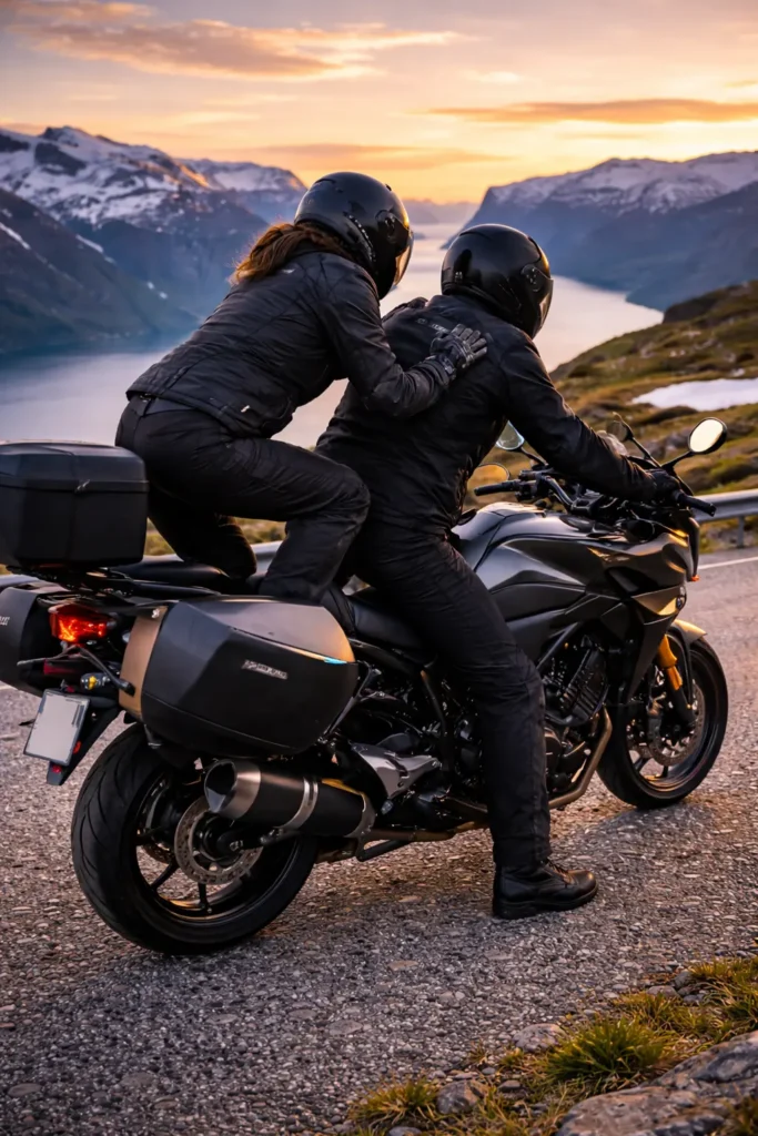 A rider standing next to a dark sport touring motorcycle with a high top box, looking at the view while the passenger is about to mount using the peg.