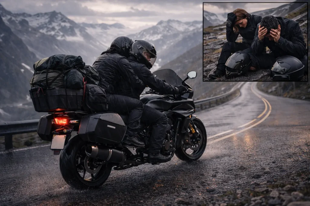 A couple riding a motorcycle in the rain next to a picture of them looking exhausted and frustrated, illustrating the challenges of two-up sport touring without proper preparation.