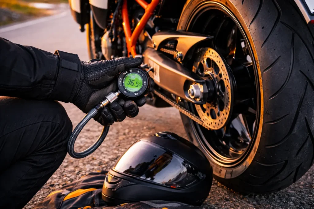 Close-up of a rider wearing a glove checking the tire pressure of a sport touring motorcycle with a digital gauge. A helmet lies on the ground next to the rear wheel.