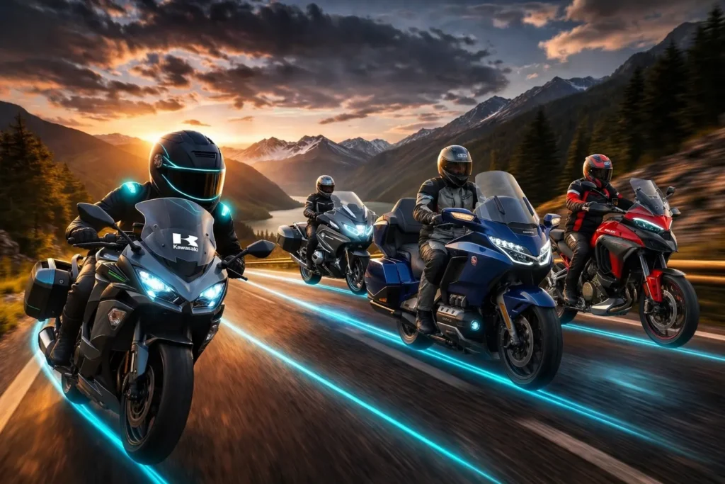 Motorcycle rider and passenger experiencing two-up sport touring on a scenic mountain road at sunset, showcasing the stability and comfort of a 2026 touring model with integrated luggage.