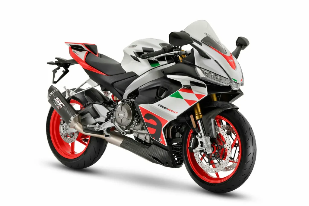 Aprilia RS 660 Extrema, the lightest faired bike on the list, blurring the lines between a sports bike and a tourer.