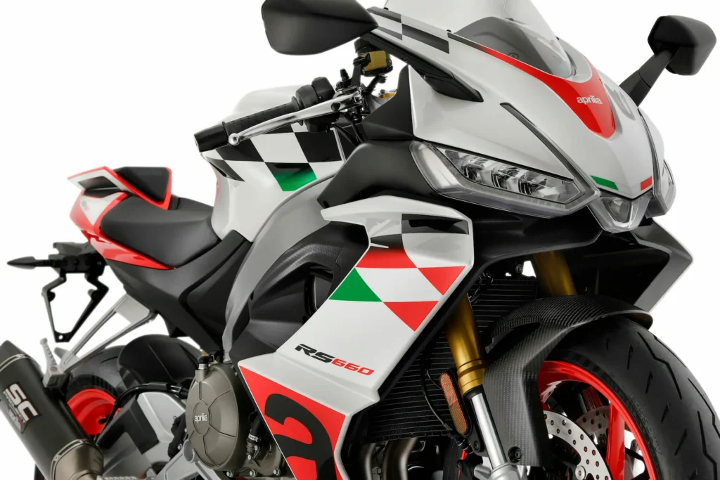 Aprilia RS 660 Extrema, the lightest faired bike on the list, blurring the lines between a sports bike and a tourer.