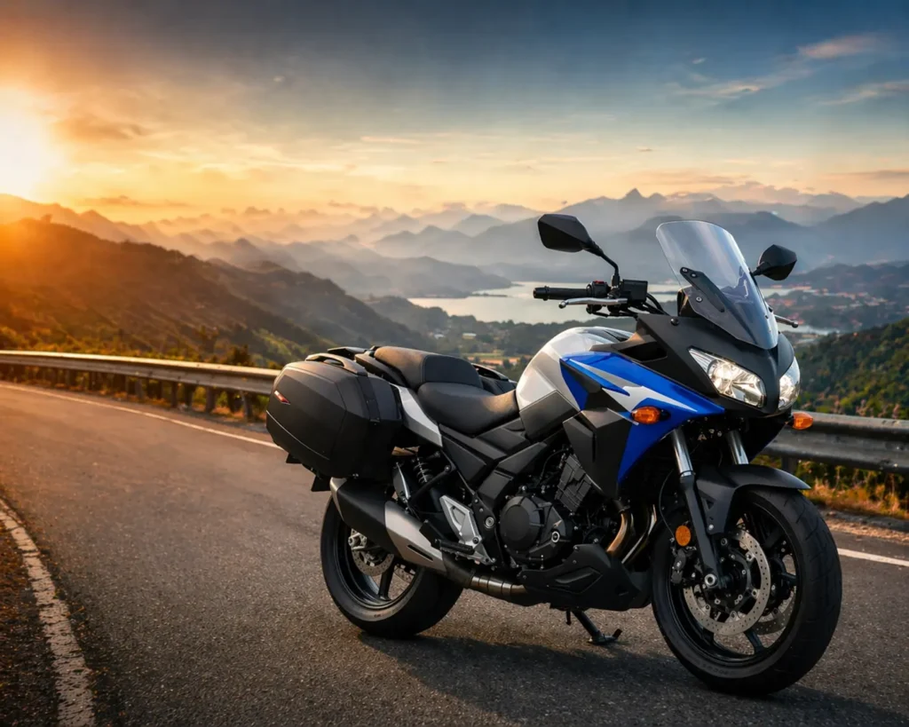 Blue sport touring motorcycle with luggage, illustrating the best sport touring motorcycle for beginners in 2026.