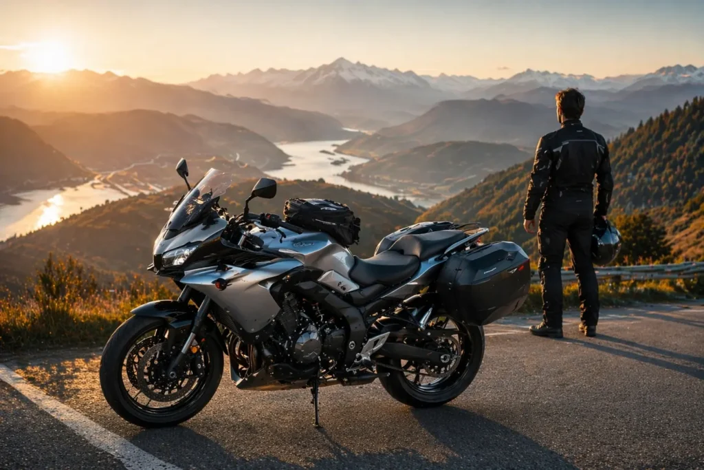 A motorcyclist in full riding gear standing next to a loaded silver sport touring motorcycle, admiring a scenic mountain valley and river at sunset.