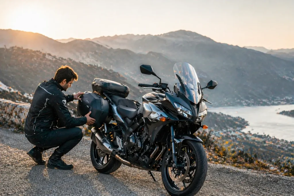 A motorcyclist adjusting the hard luggage panniers on a black sport touring motorcycle, getting ready for a long-distance ride.