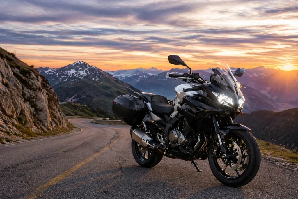 A black and white sport touring motorcycle with panniers parked on a winding mountain road at sunset, representing the ultimate long-distance riding experience.