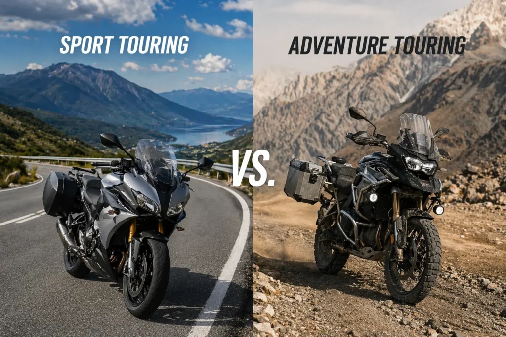 A side-by-side comparison of a sport touring motorcycle on a paved road versus an adventure touring motorcycle on a dirt trail.