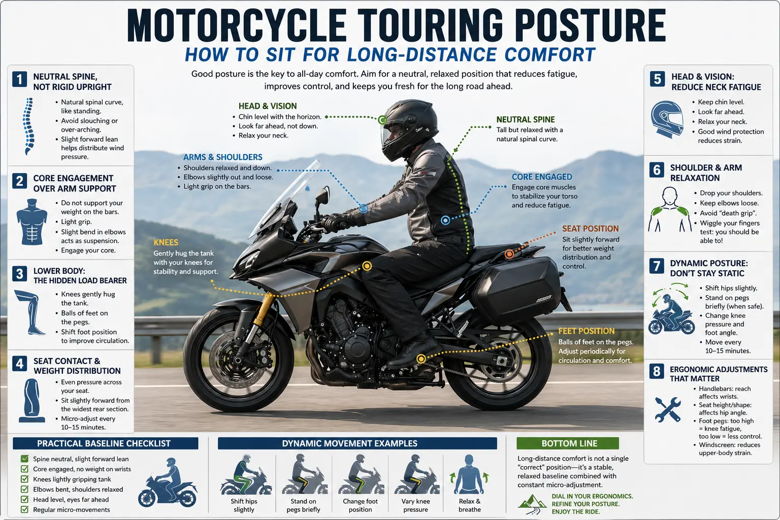 Motorcycle Touring Posture: How to Sit for Long Distance Comfort.
Even with good sport touring ergonomics, poor posture can ruin your ride.