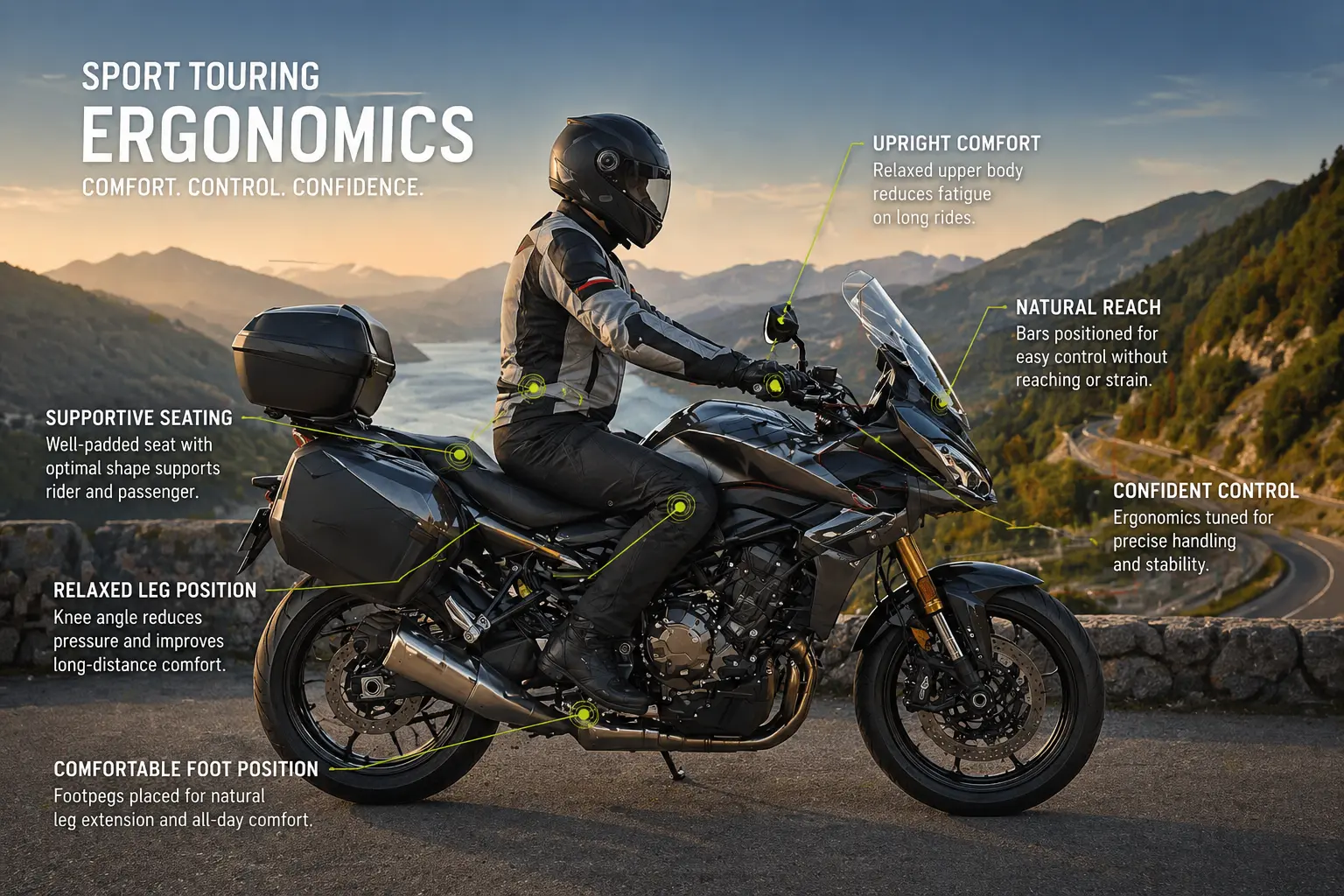 Sport touring motorcycle ergonomics diagram showing seating position, handlebar reach, footpeg position and upright riding posture.