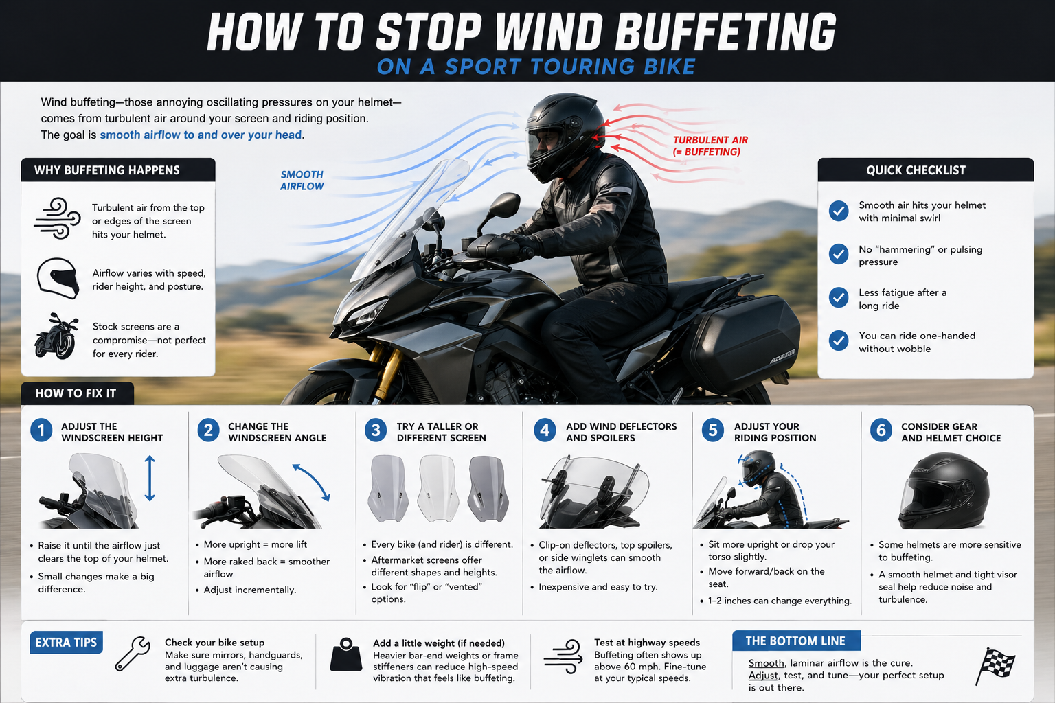 Wind buffeting diagram for a sport touring motorcycle showing turbulent air around the helmet, smooth airflow over the windscreen, and adjustment tips.